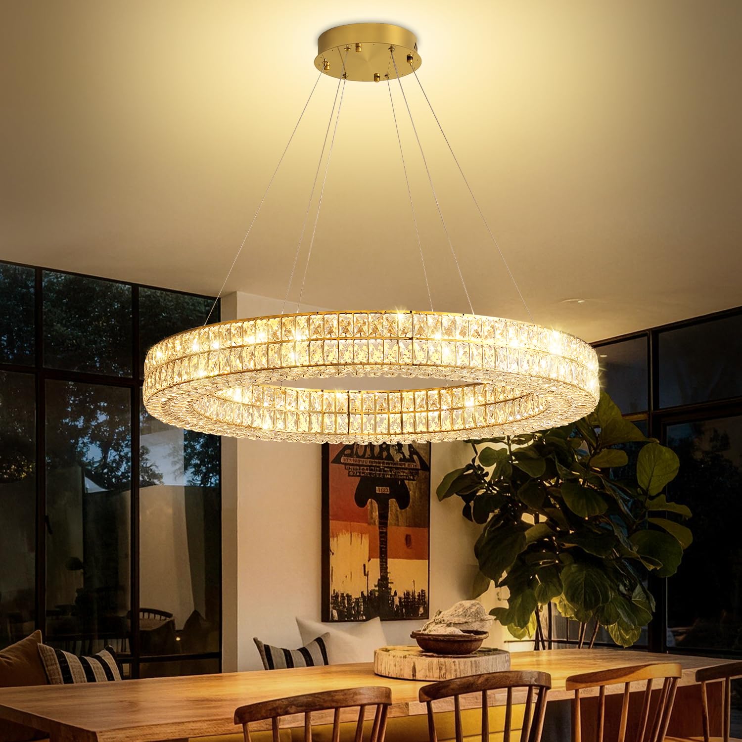 Photo 1 of IDEQUY Gold Crystal Ring Chandelier, 24-inch LED Pendant Light