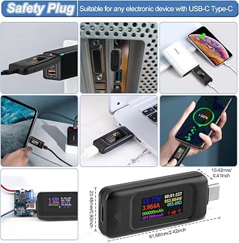 MakerHawk USB Test Cihazı Tip C Voltmetre Akım Test Cihazı Güç Ölçer Multimetre Ampermetre Tip C USB Şarj Cihazı Test Cihazı Renkli Ekran Kapasitesi Voltaj Akım Dedektörü 0-5A 4-30V