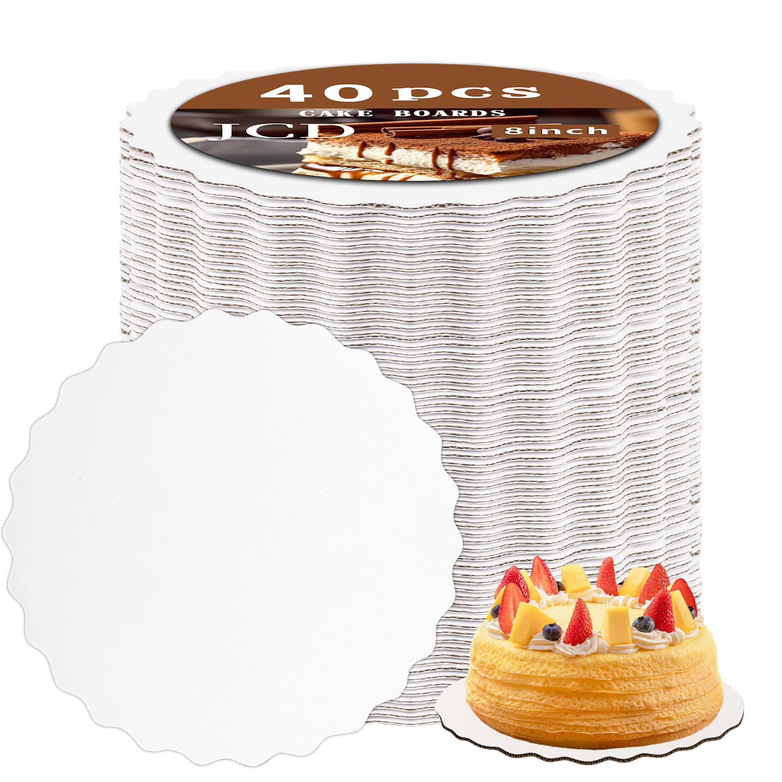 JCD 40pcs White Wave Cake Boards,8inch Wave Circles Rounds Base, Food-Grade Cardboard Wave Cake Plate-Thinner But Stronger (White Wave, 8inch/40Pcs)