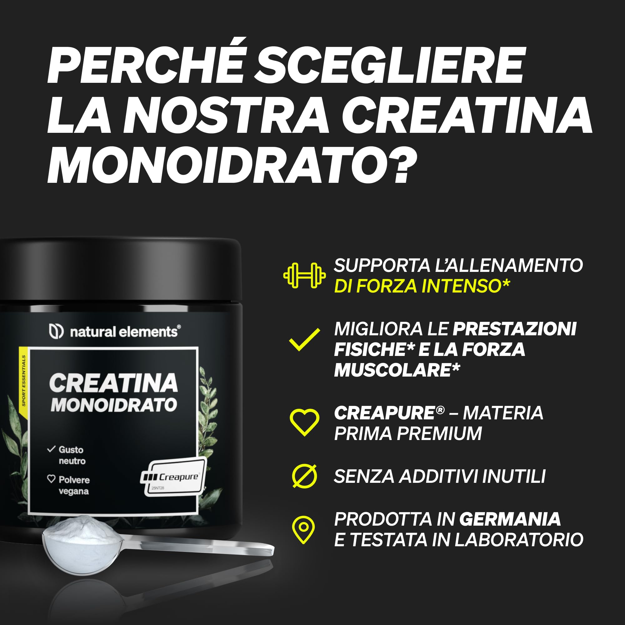 Creatina Monoidrato in Polvere - Materia prima di marca Creapure® - 147 porzioni (500 g) - Ultrafine: Mesh Factor 200 - Insapore e vegan - Polvere Pura senza Additivi Superflui - Prodotta in Germania