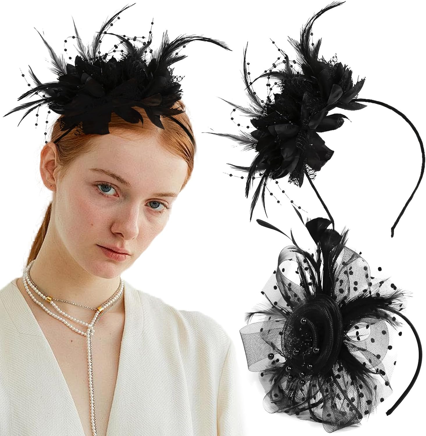 2 PCS Black Fascinators Hat Headpiece Flower Mesh Ribbons Feathers on a Headband and a Clip Tea Party Headwear for Women Tea Party Feather Head Band Mardi Gras Cocktail Hat Weddings