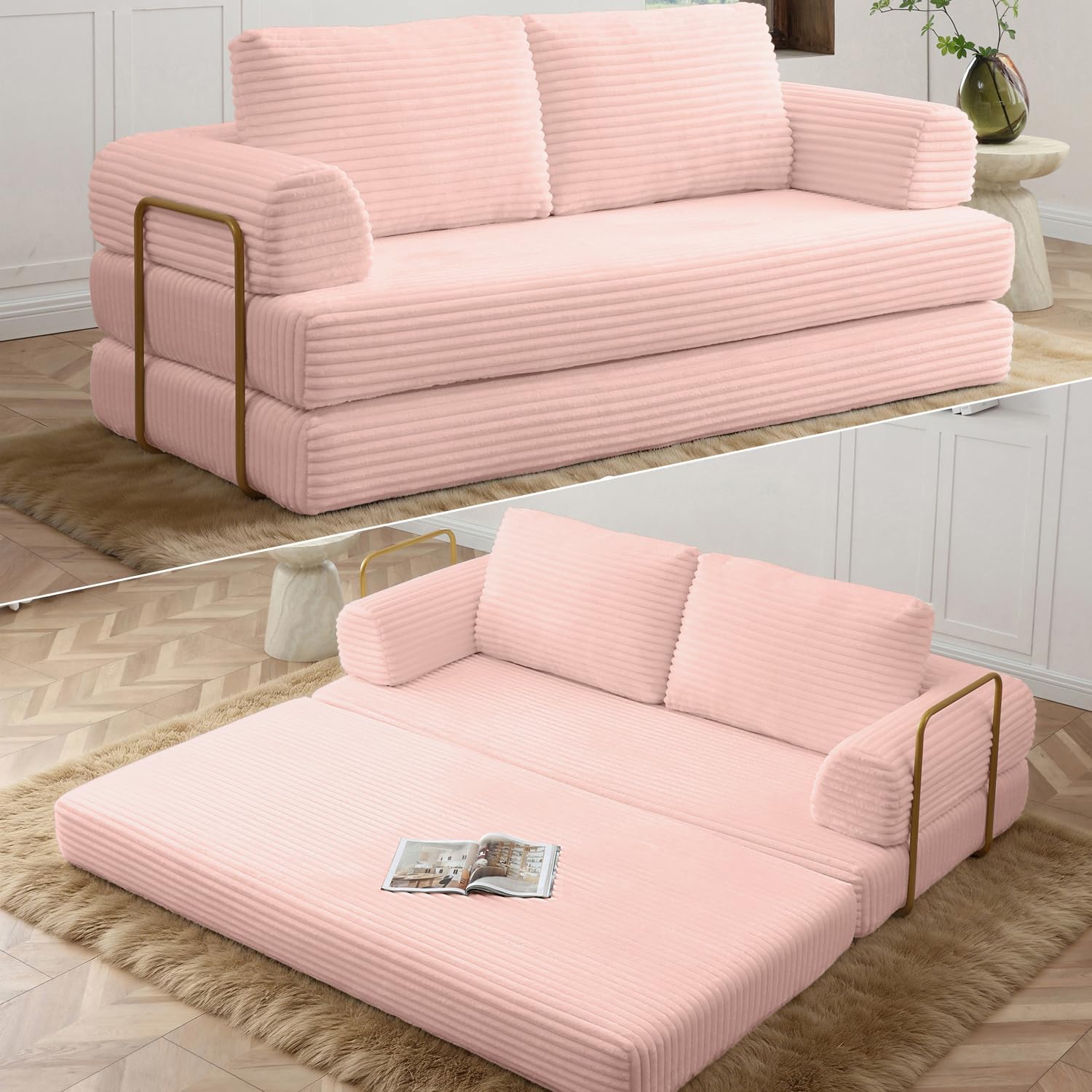 ivoros 80” Convertible Sleeper Sofa Bed, High Back Plush Corduroy Boneless Futon Loveseat with Pull Out Bed, Fixed-Shape Folding Floor Mattress Couch, No Assembly Required (Pink)