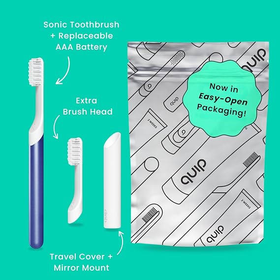 Quip Sonic Toothbrush for Adults with Timer - Includes Extra Brush Head and Travel Cover Mount - Electric, Soft Bristle Refill Head, Metal Handle, 3 Month Battery Life - Travel Toothbrush - Indigo