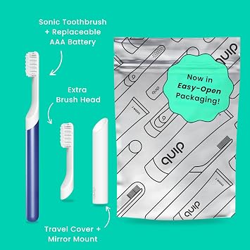 Quip Sonic Toothbrush for Adults with Timer - Includes Extra Brush Head and Travel Cover Mount - Electric, Soft Bristle Refill Head, Metal Handle, 3 Month Battery Life - Travel Toothbrush - Indigo