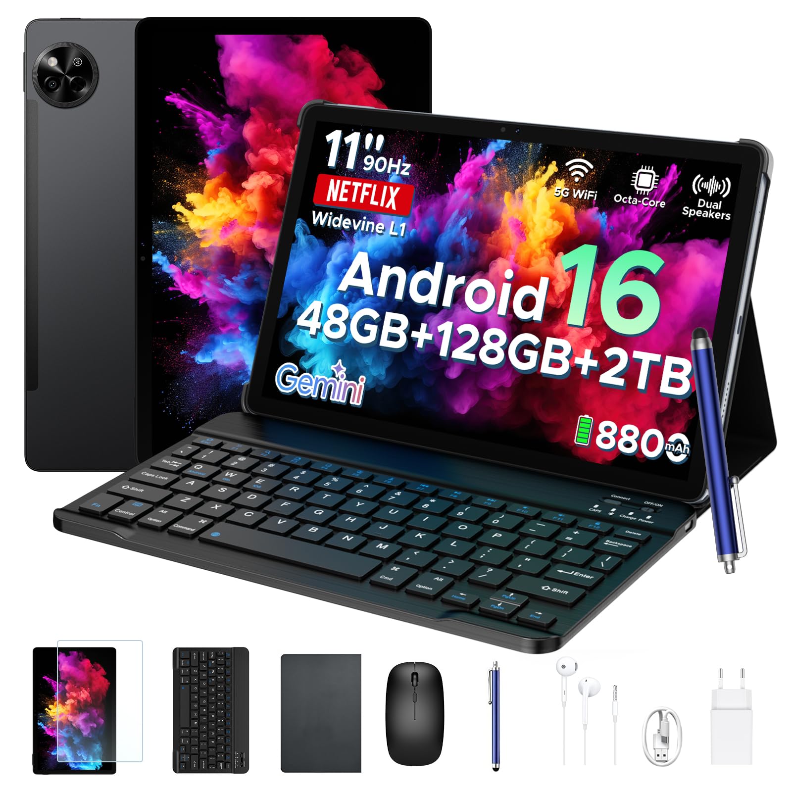 POPUX P11 Android 16 Tablet 11 Pollici, 48GB RAM+128GB ROM (2TB TF), 90Hz, T7250 Octa-Core, 8800mAh, 13MP+5MP, Gemini AI, Widevine L1, Face ID, GPS, FM, Tablets con Tastiera e Penna, Grigio