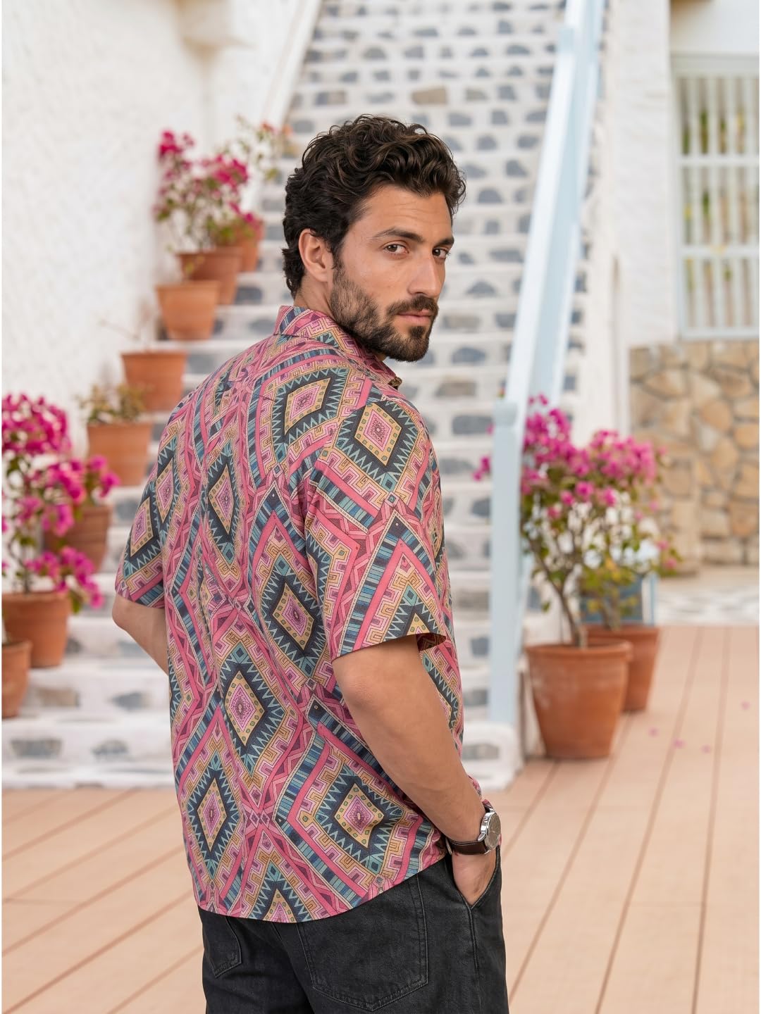 BROWN CULTURE Camicia da uomo con stampa in misto cotone, collo alto, mezza manica, orlo dritto oversize, lunghezza e chiusura con bottoni, camicia formale da uomo