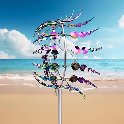 Molino de viento metálico único y mágico, 2 hilanderos de viento, escultura cinética alimentada por viento 3D, molinos de viento de acero