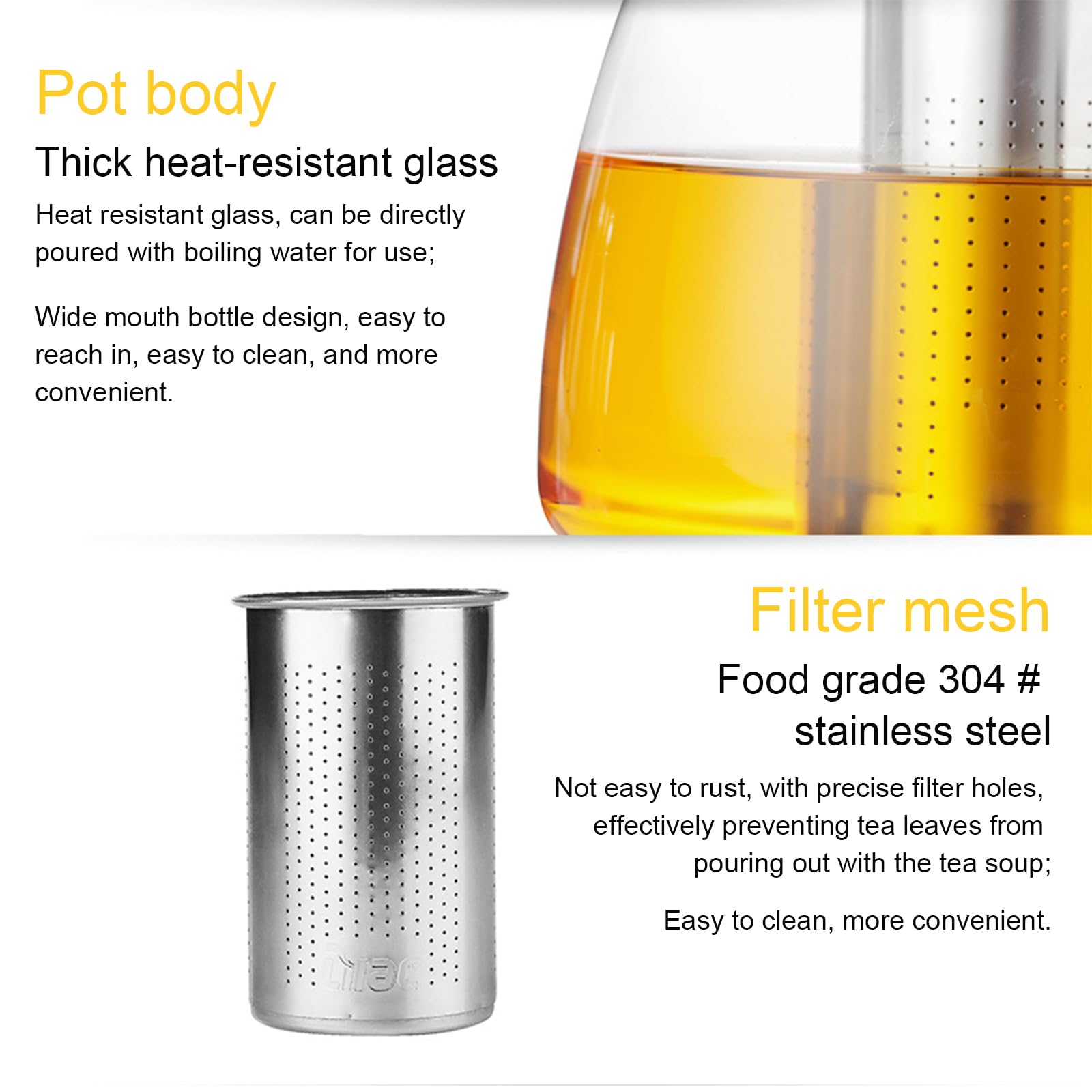 Teekanne Glas 2 Liter Mit Siebeinsatz, Edelstahl Filter Sieb, Bürste - Für Schwarztee, Grüntee und Kräutertee