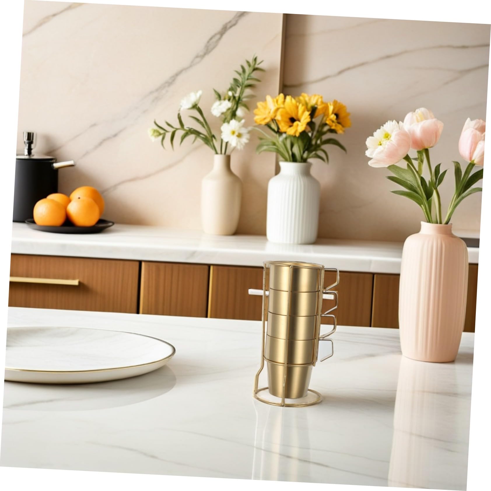 Ipetboom Tazas de Acero Inoxidable Apilables con Soporte Dorado Doble Pared Aislante Anti-escaldado Asa para Café Té y Bebidas Frías Resistentes y Seguras