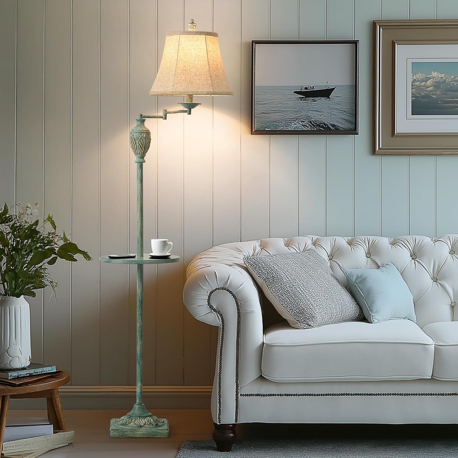 Traditional LED Floor Lamp with 350° Adjustable Swing Arm Lamp – Vintage Standing Pole lamp for Living Room, Bedroom and Office – Rustic Upright Floor Light for Home Décor with Silk Fabric Shade