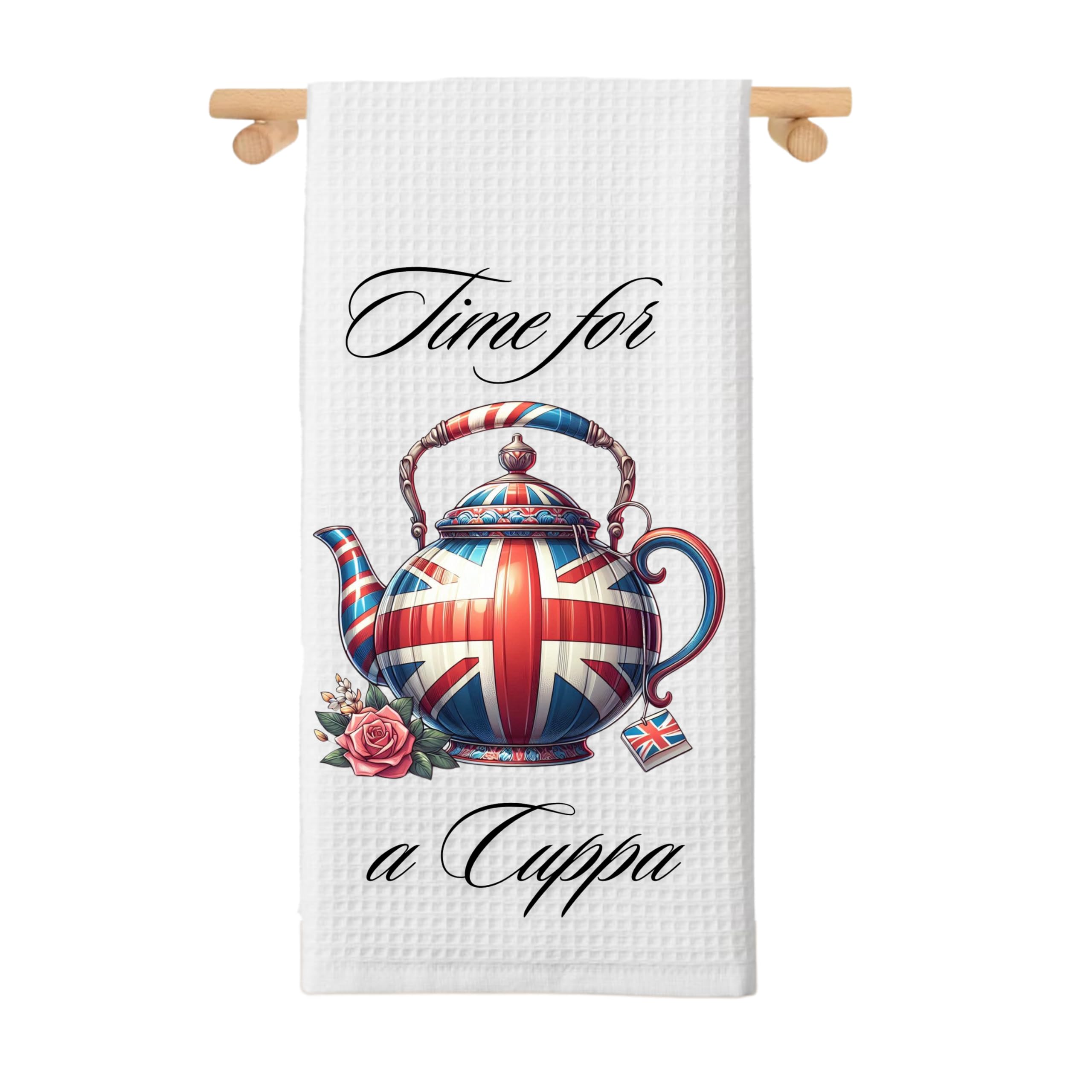 Union Jack Teapot British Tea Towel, Union Jack Time for a Cuppa Towel, British Kettle Dish Towel, British Cup of Tea, Microfiber Waffle