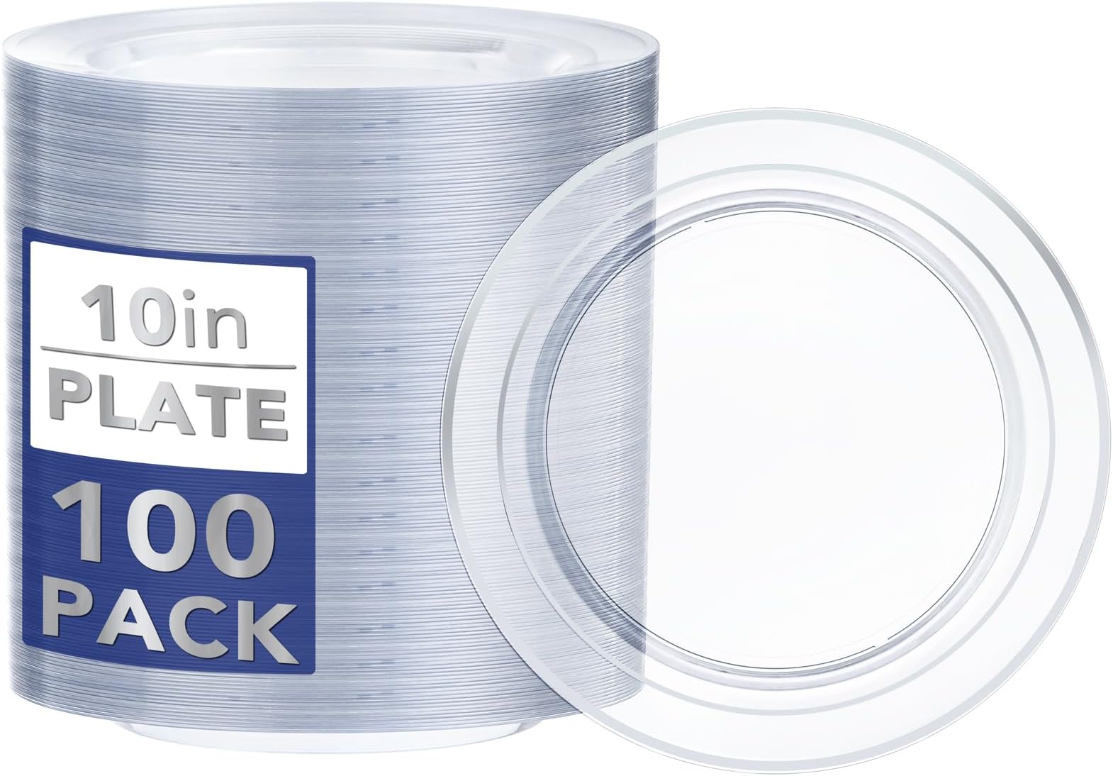 I00000 100PCS Clear Silver Plastic Plates, Clear Plates with Silver Rim, 10 Inch Dinner Plates Premium Party Supply for Wedding Birthdays Party