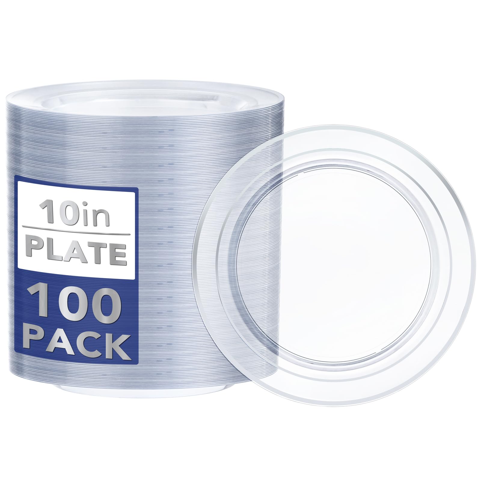 I00000 100PCS Clear Silver Plastic Plates, Clear Plates with Silver Rim, 10 Inch Dinner Plates Premium Party Supply for Wedding Birthdays Party