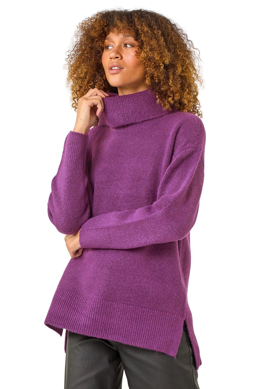 Roman Originals Cosy Feel Turtleneck Jumper for Women UK - Ladies Autumn Everyday Winter Holiday Long Sleeve Soft Ribbed Cuffs Comfy Soft Warm Sweaters - Purple - Size 16