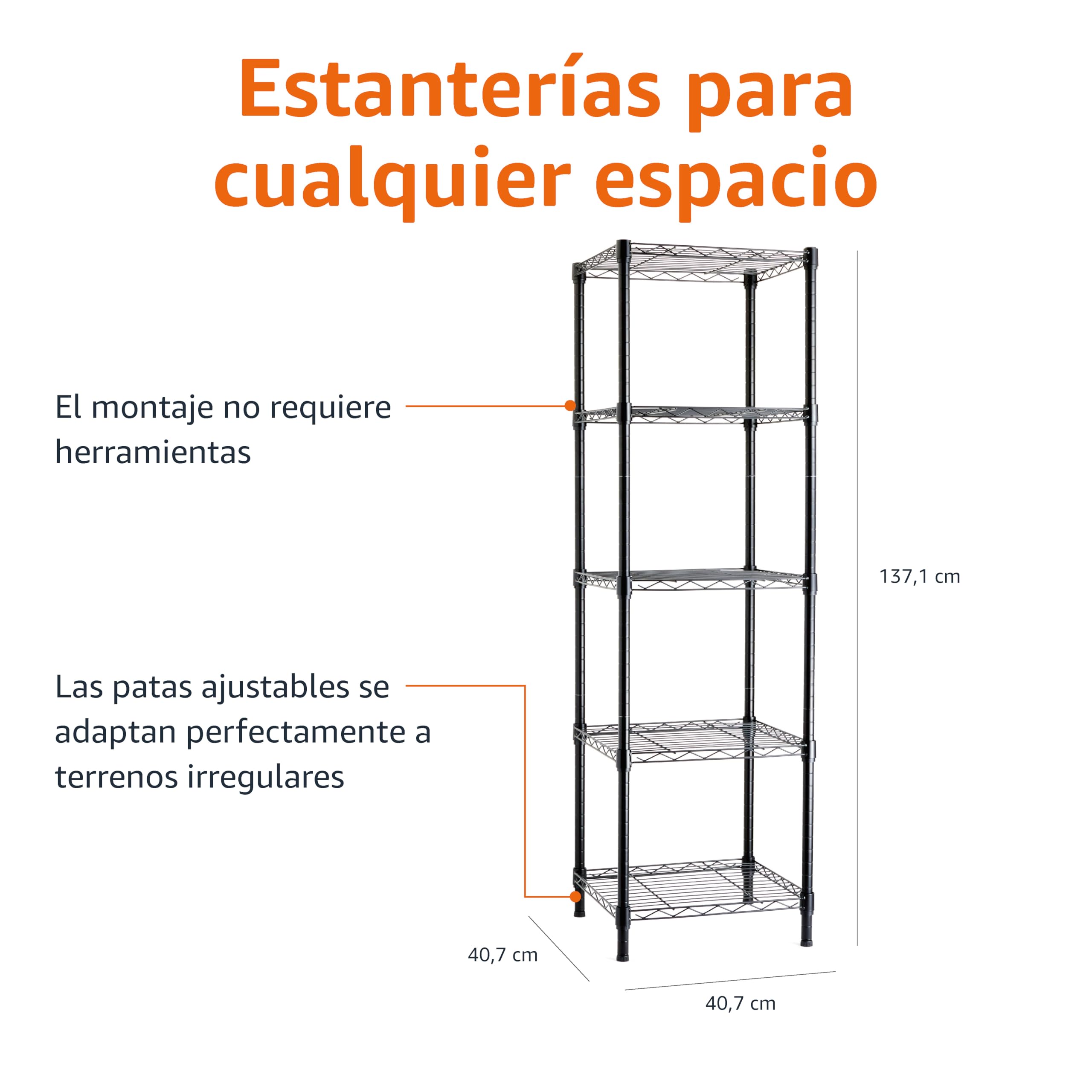 Amazon Basics Estantería ajustable con 5 baldas, Negro, 40.6 cm x 40.6 cm x 137 cm (profundidad x ancho x alto)