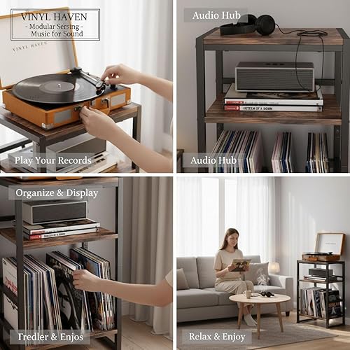 Miniatura 8 de Soporte para tocadiscos de vinilo de 3 niveles, mesa auxiliar para almacenamiento de álbumes, soporte para tocadiscos de 28 pulgadas de alto con