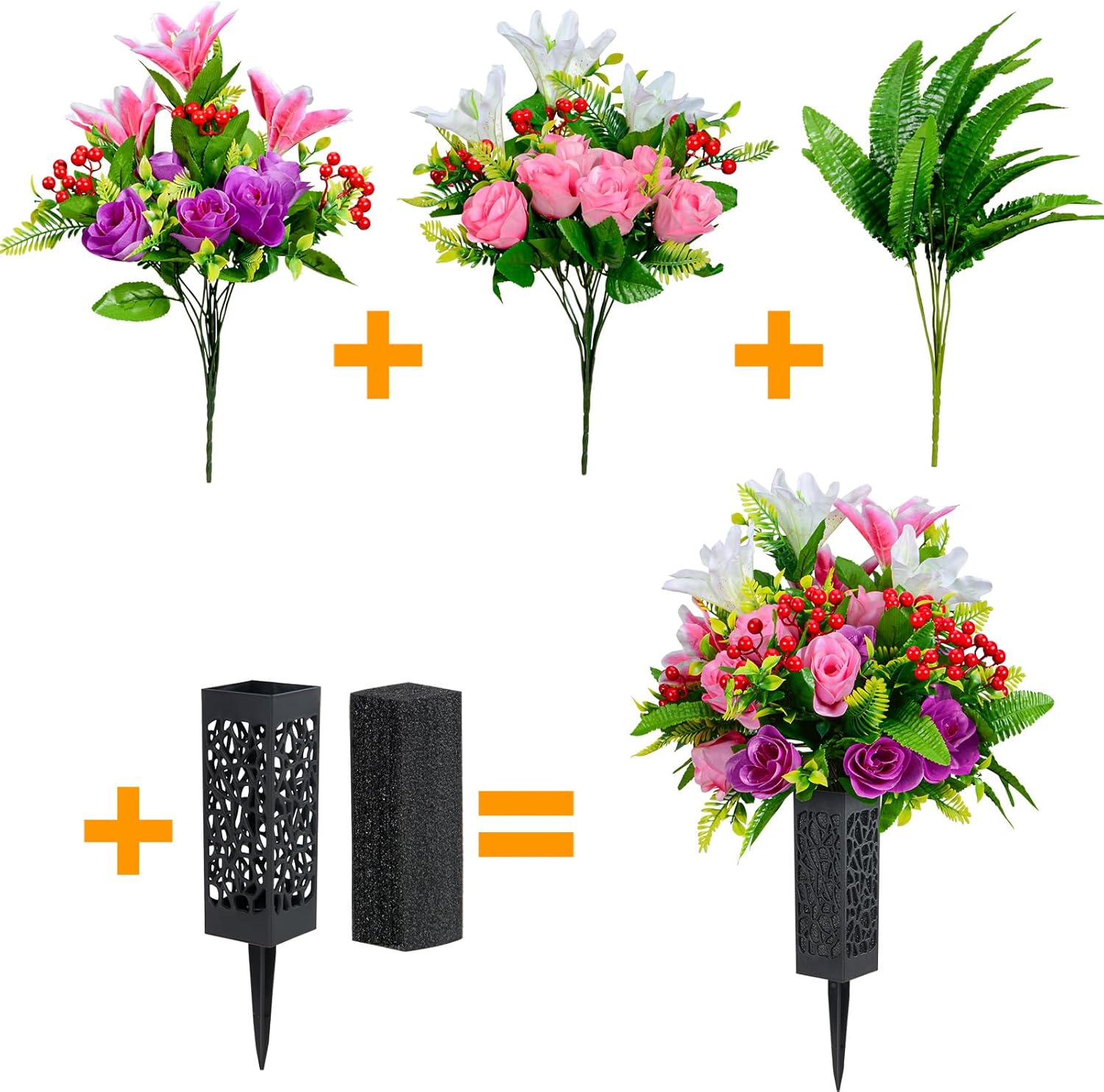 Set of 2 Artificial Cemetery Flowers, Artificial Rose Lily Grave Memorial Flowers with Black Plastic Vase for Cemetery Headstones Gravesite Decoration - Image 3