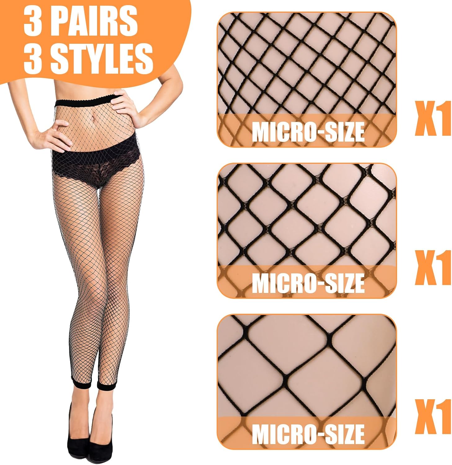 Abeillo 3 Pairs Women's Fishnet Stockings, Stretchy Footless Fishnet Tights Thigh High Waist Fish Nets Black Leggings Pantyhose for Women, One Size
