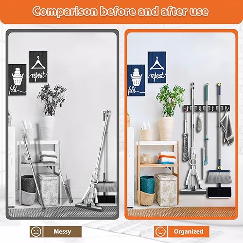 Miniatura 2 de Organizador de escoba y trapeador para colgar en la pared, organizador de escoba de madera negra maciza, soporte de pared para herramientas