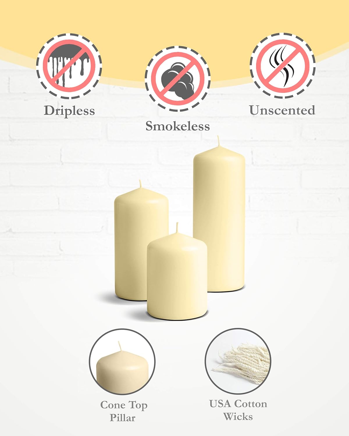 Cone Top Pillar Candles by Bask - Set of 3 - 3" x 4", 6", and 8" Dripless Unscented Candles in Ivory for Home Decor, Relaxation & All Occasions : Home & Kitchen