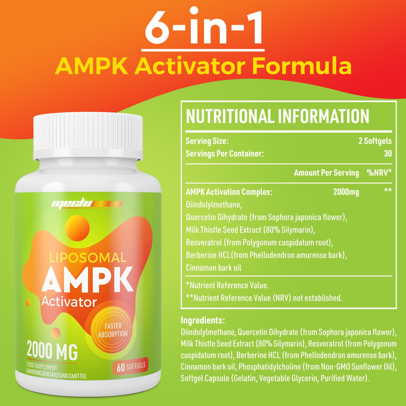 Capsules Liposomales Activateur AMPK 2000 mg, Formule 6-en-1 avec Berbérine HCL, Quercétine Dihydratée et Resvératrol, pour un Soutien Antioxydant, Sans Soja, Sans Gluten