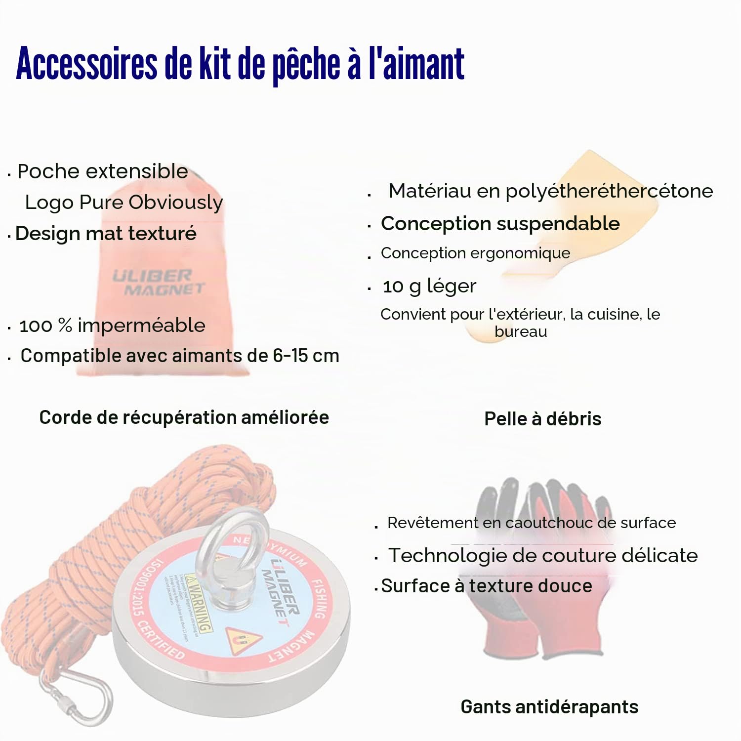 Kit de pêche magnétique 600 kg Force de traction verticale magnétique, aimant en néodyme robuste N52 avec corde durable de 15m,magnétique pour récupérer des trésors dans les rivières…