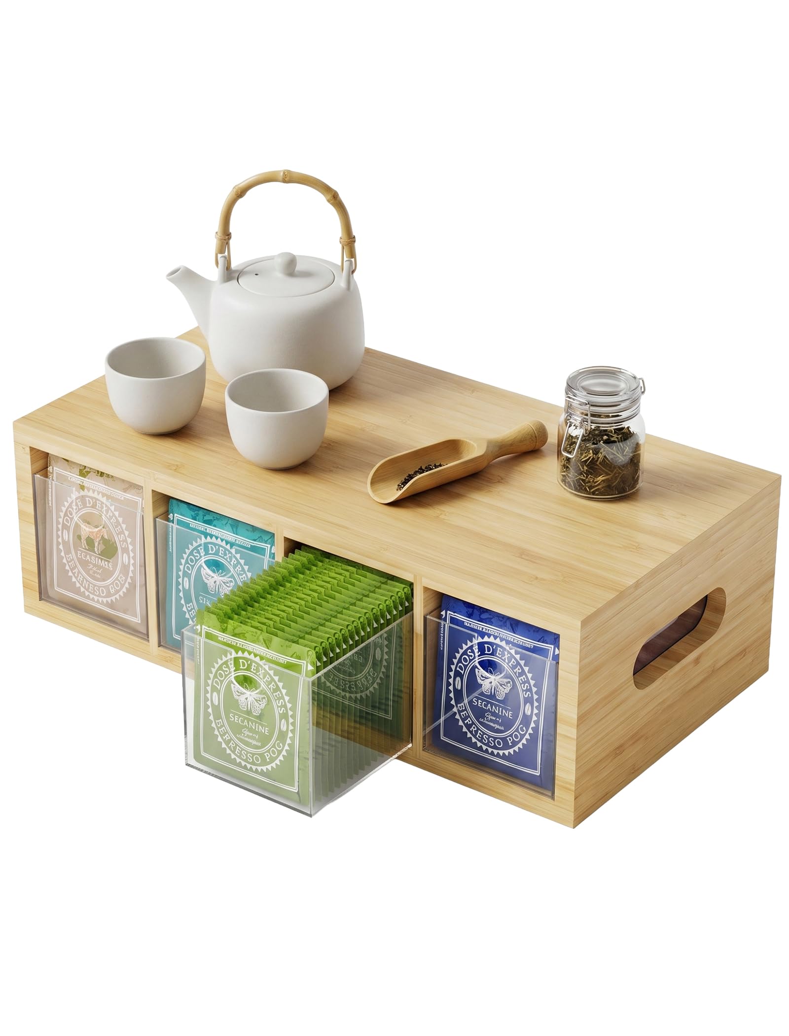 NiHome Boîte à sachets de thé - Bois vernis bambou - 4 compartiments