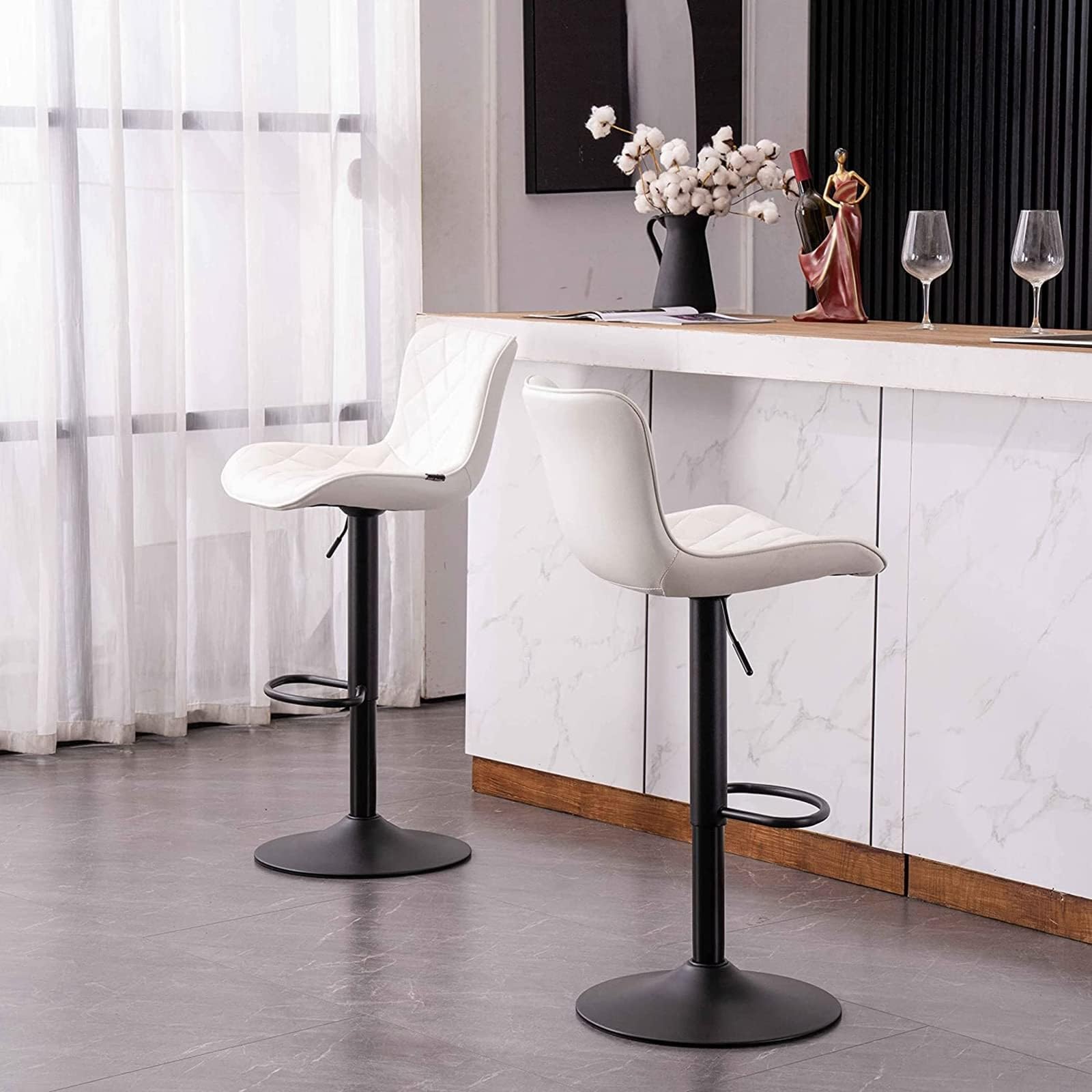 Banqueta De Bar Com Encosto - Conjunto 2 Peças Em Couro Sintético Bege