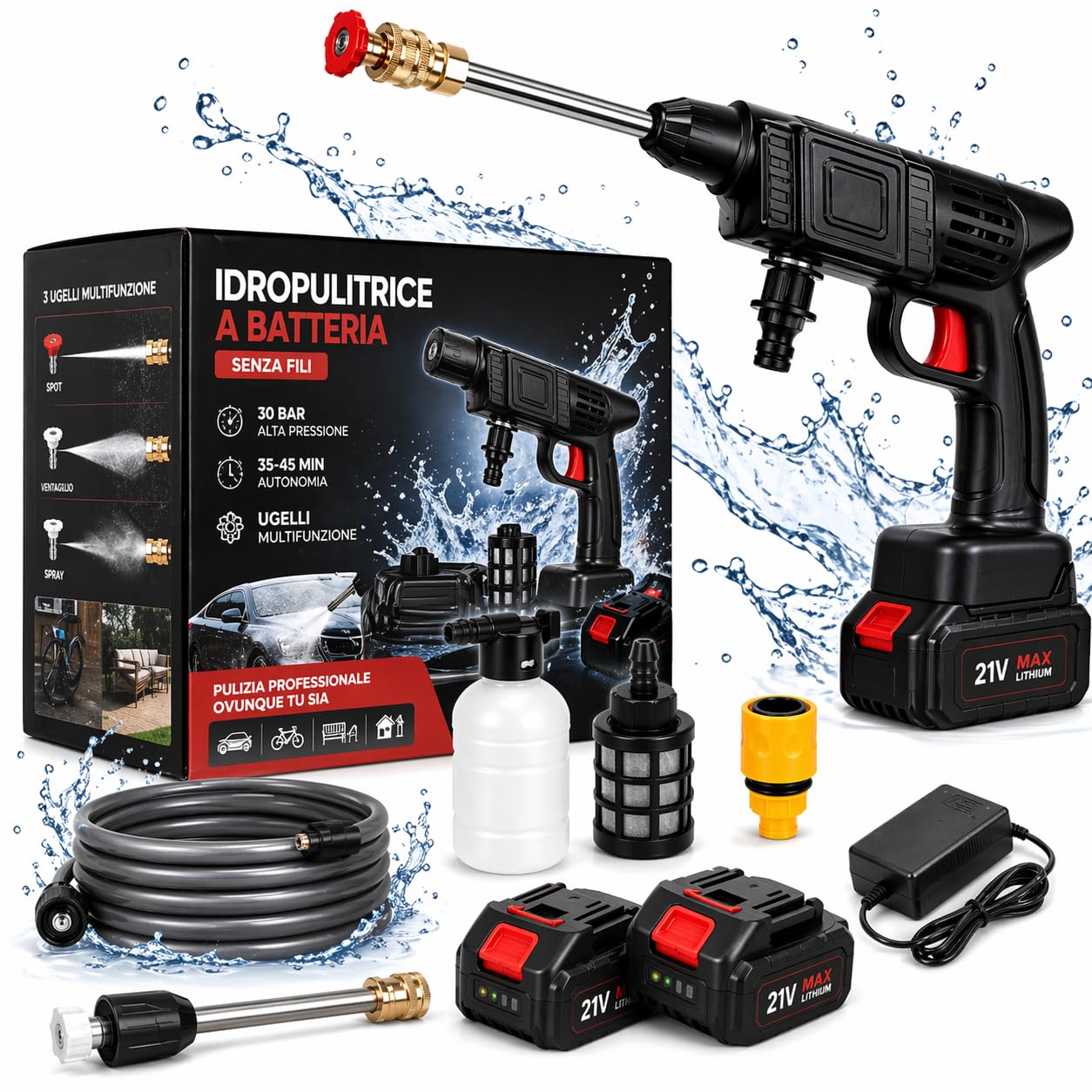 Idropulitrice a Batteria Portatile con Aspirazione da Secchio - Ugelli Multifunzione e Schiumatore - Pistola ad Alta Pressione per Auto,Bici, Giardino - Compreso di Valigetta e tutti gli Accessori