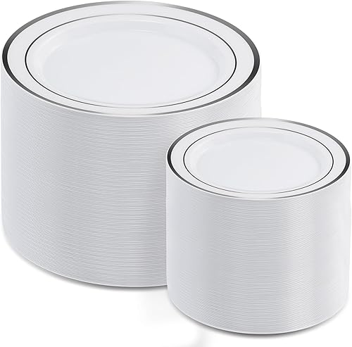 AOZITA 200 platos desechables de plástico plateado para fiestas, platos de plástico resistentes de alta calidad, 100 platos llanos de plástico y 100