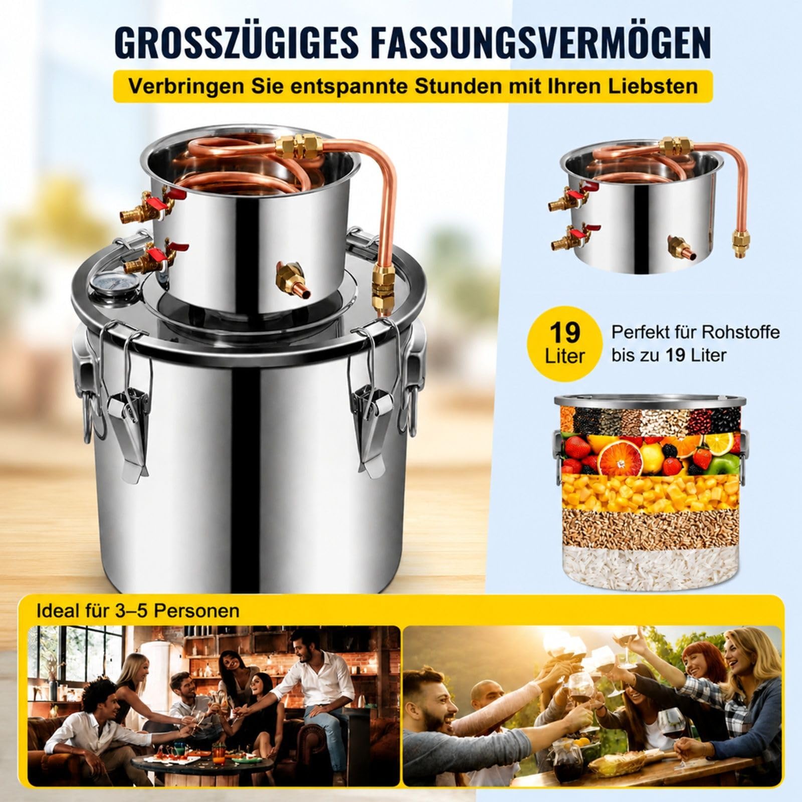 20L Destille aus Edelstahl für Wasser, Set mit Kessel und Kondensator für den Heimgebrauch