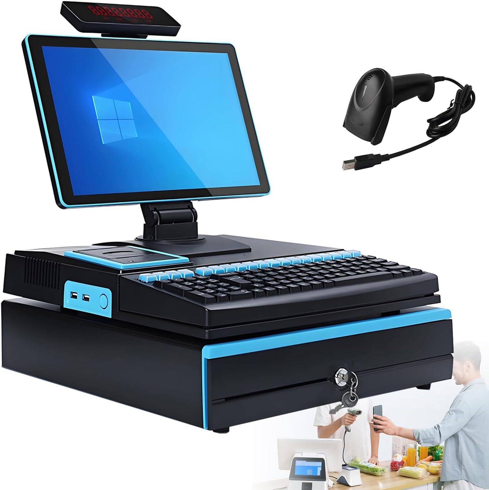 All-in-One POS Terminal mit Scanner, 58mm Bon-Drucker, Geldlade, 15,6" Touchscreen, i5, 8GB RAM, 128GB SSD, Windows 10