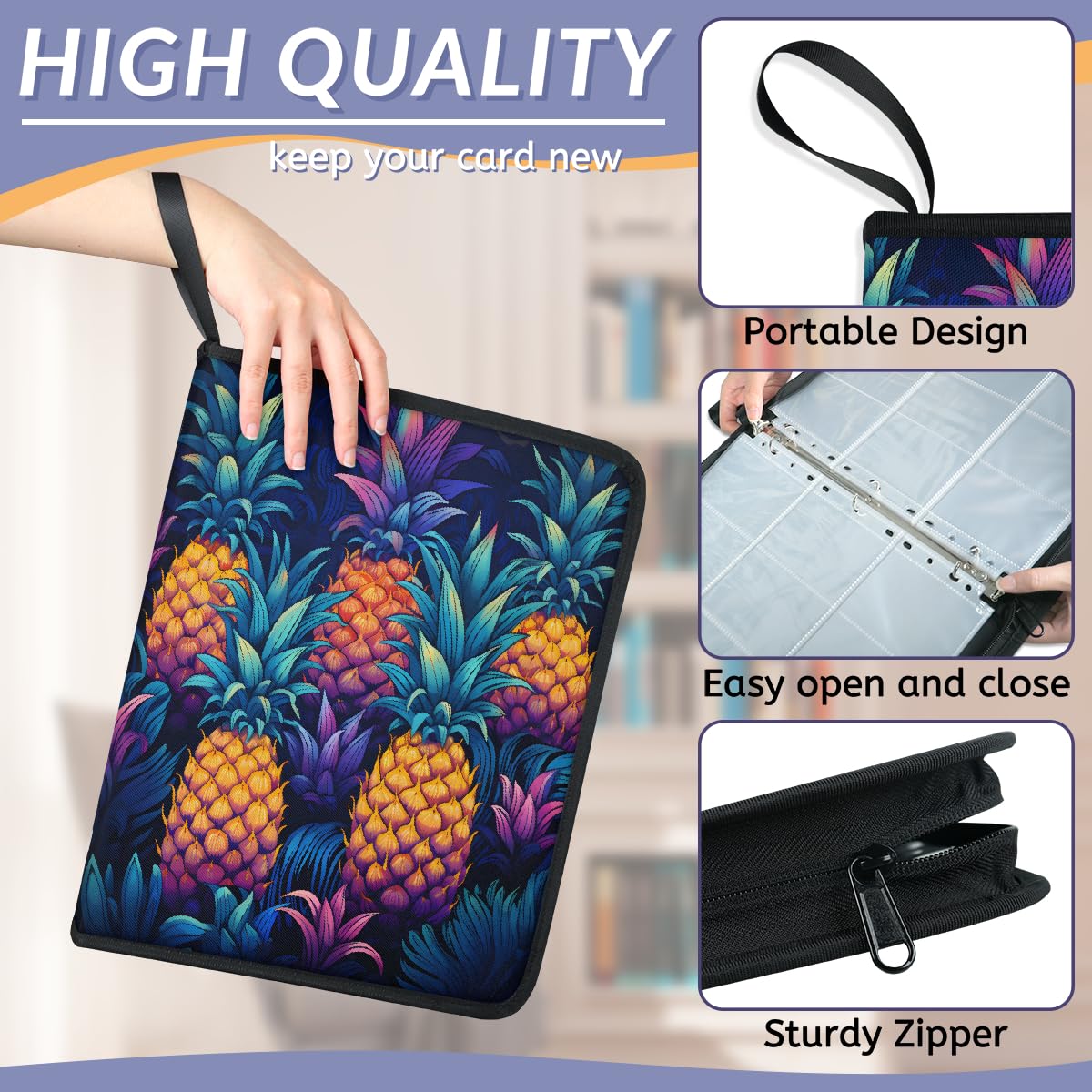 Raccoglitore per carte collezionabili con 9 tasche con ananas, raccoglitore per carte con maniche rimovibili, impermeabile, con cerniera, 50 pagine, capacità 900 carte