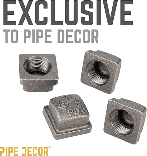 Miniatura 7 de PIPE DECOR Juego de 4 accesorios de tapa cuadrada, 34 pulgadas, hierro maleable negro, juego de 4  Accesorios de tubería industrial para muebles de