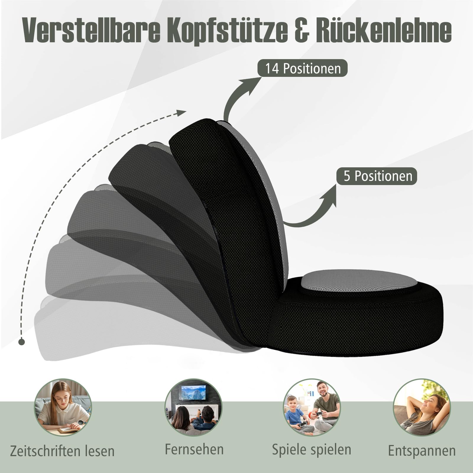 GOPLUS Bodenstuhl, Bodensofa mit Verstellbarer Kopfstütze & Rückenlehne, Bodensessel klappbarer mit Schlaffunktion & Liegefunktion, Floor Chair, Lazy Sofa, Meditationsstuhl für Wohnzimmer (Grau)