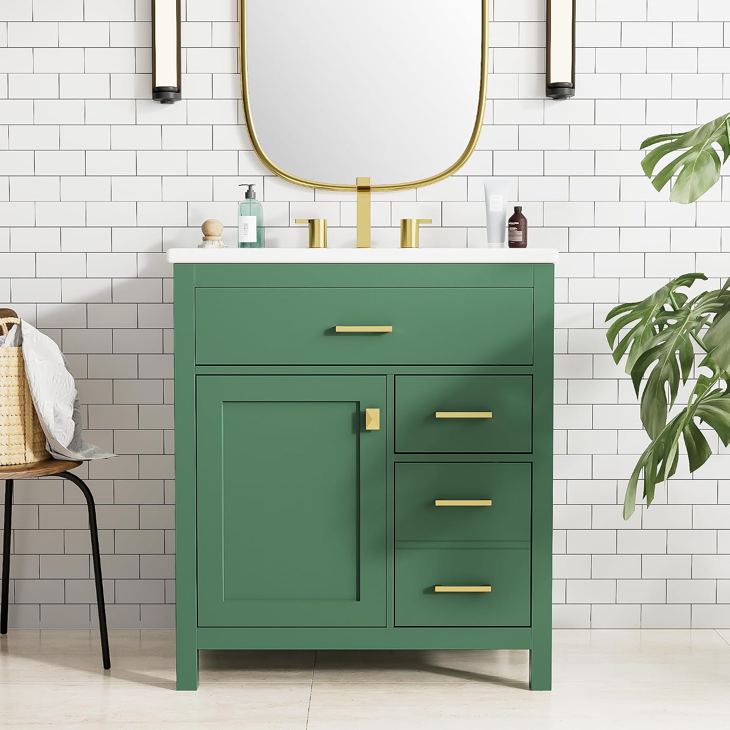 Merax 30" Bathroom Vanity with Ceramic Sink, Free Standing Single Basin Vanity Set with Tip-Out and Pull Out Drawer, Modern Solid Wood Vanity Cabinet for Bathroom, Green