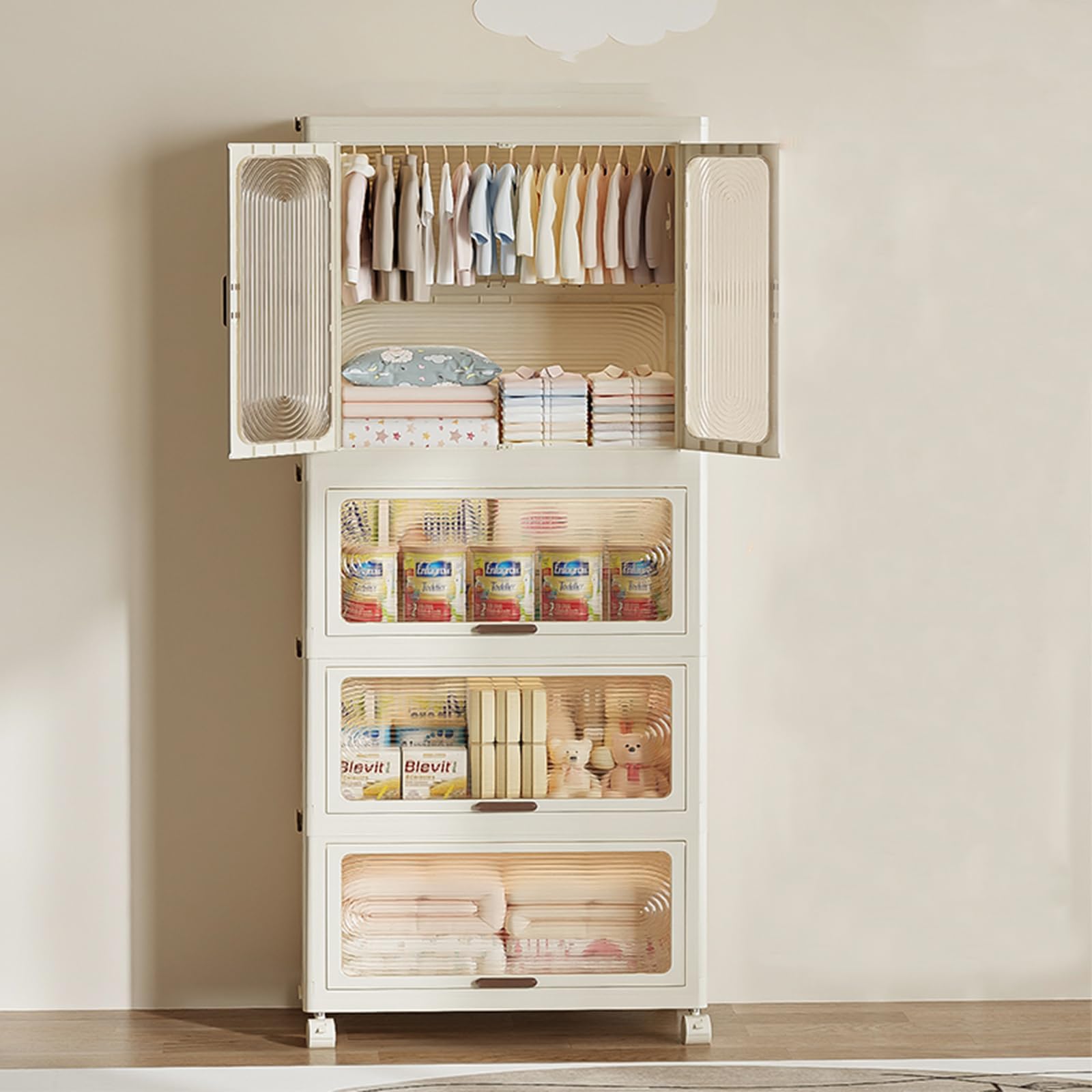 GarveeHome Aufbewahrungsbox Mit Deckel Groß Plastik Ordnungsboxen Faltbare Kleiderschrank Mit Rollen Stapelbare Aufbewahrungsboxen Mit Tür, 70 x 41,5 x 191.4cm