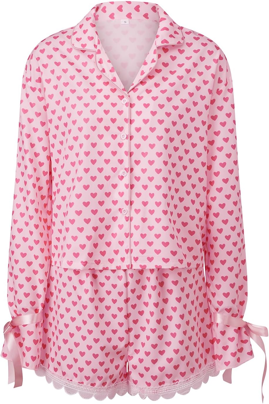 Women Heart Print Pajamas Sets Long Sleeve Button Down Shirt Tops and Ruffle Lace Trim Shorts Loungewear - Image 7