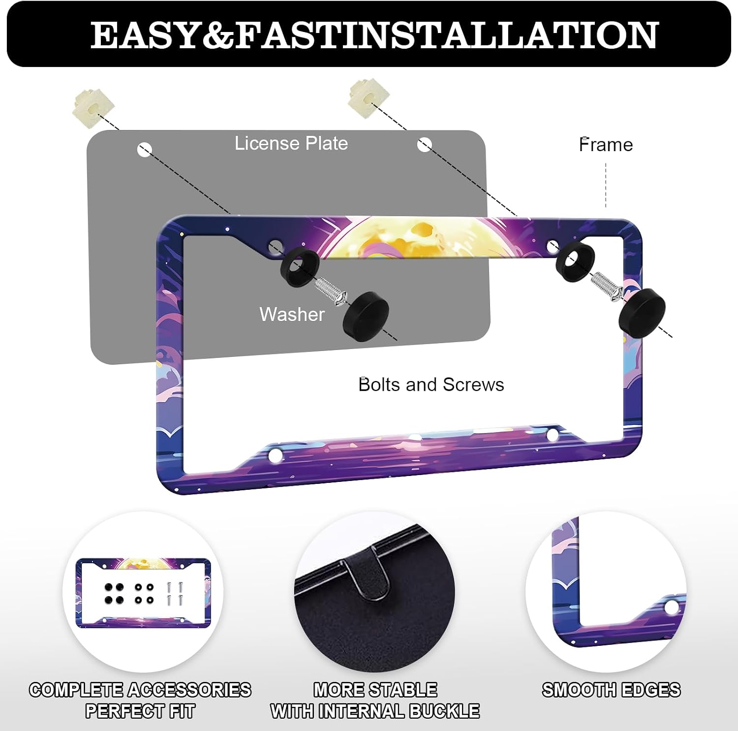 Purple Anime Cloud Moon Sky License Plate Frames, 2 Pack Funny Cute Car Tag Holders for Women, Stainless Steel Rust-Proof and Waterproof Decorative Frame for Standard US Canada 12x6 Inch image 3