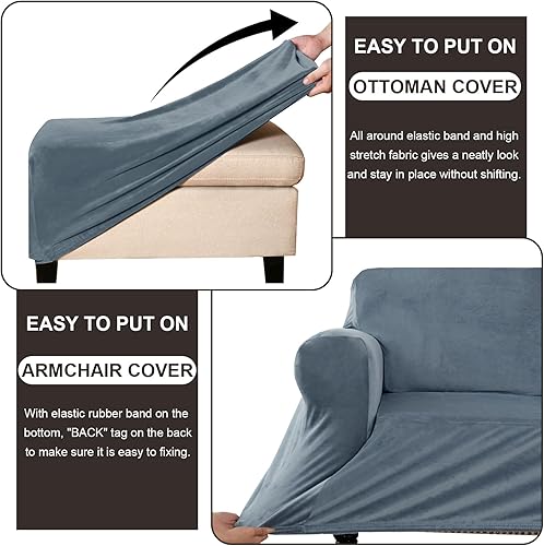 Miniatura 6 de Juego de funda para silla y otomana, funda de terciopelo para sillón y otomana antideslizante, juego de fundas elásticas para sofá y taburete de pie