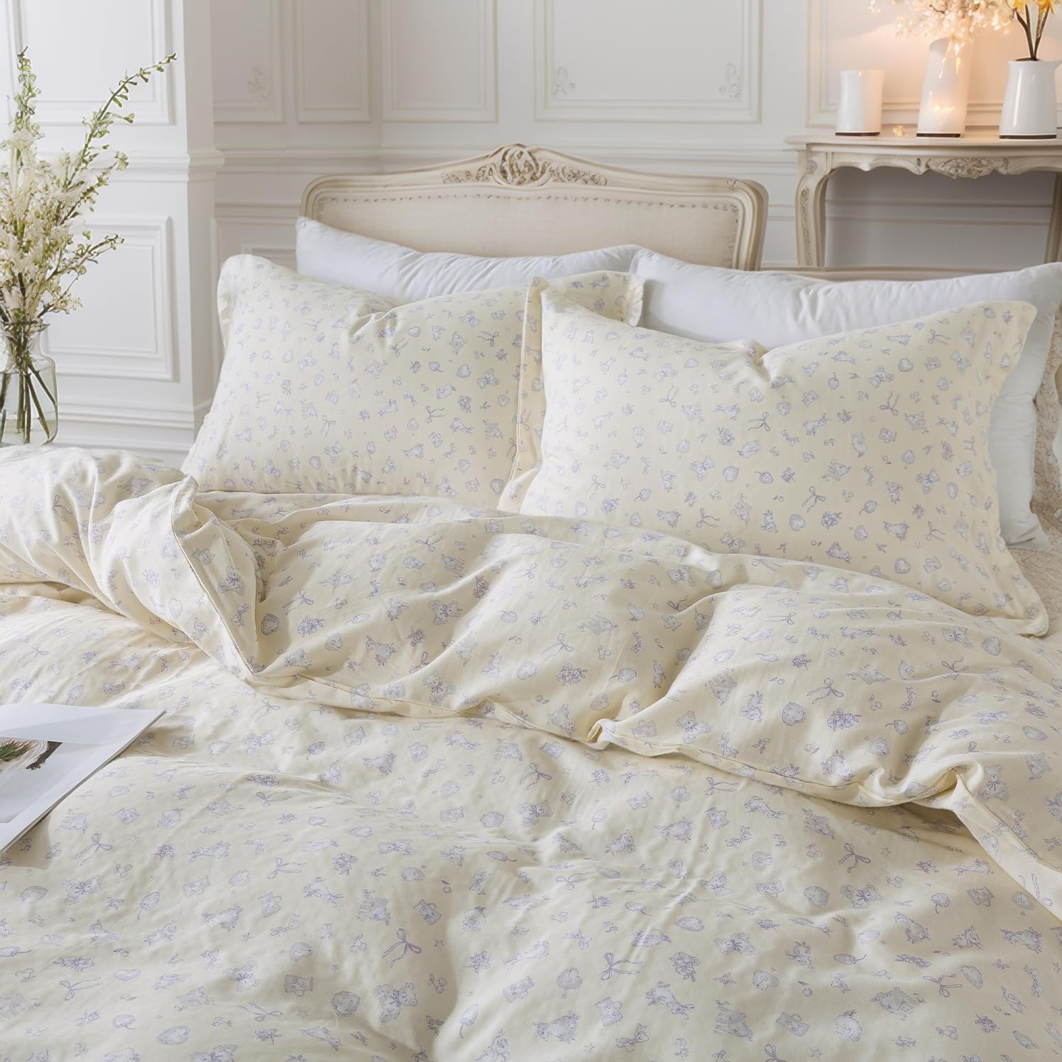 Brandream French Romantic Muslin Cotton Duvet Cover Set – Ultra Soft 3pc Pale Yellow Bedding with Whimsical Rabbit & Bow Print – Breathable Double-Gauze 100% Cotton, Twin Size