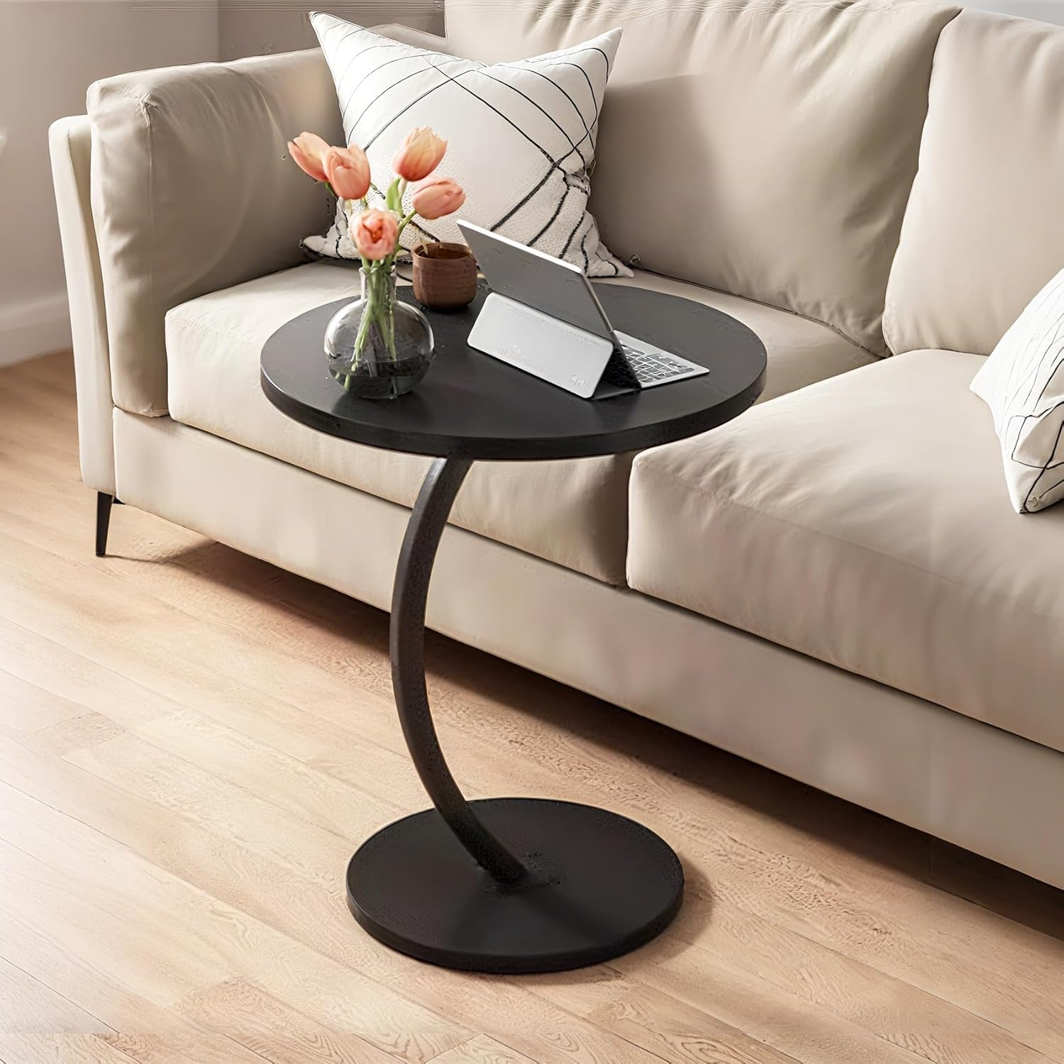 hsingchi modern small side table, round bedside end table, simple night stand, narrow side table for living room, bedroom, office (monolayer, black) black monolayer