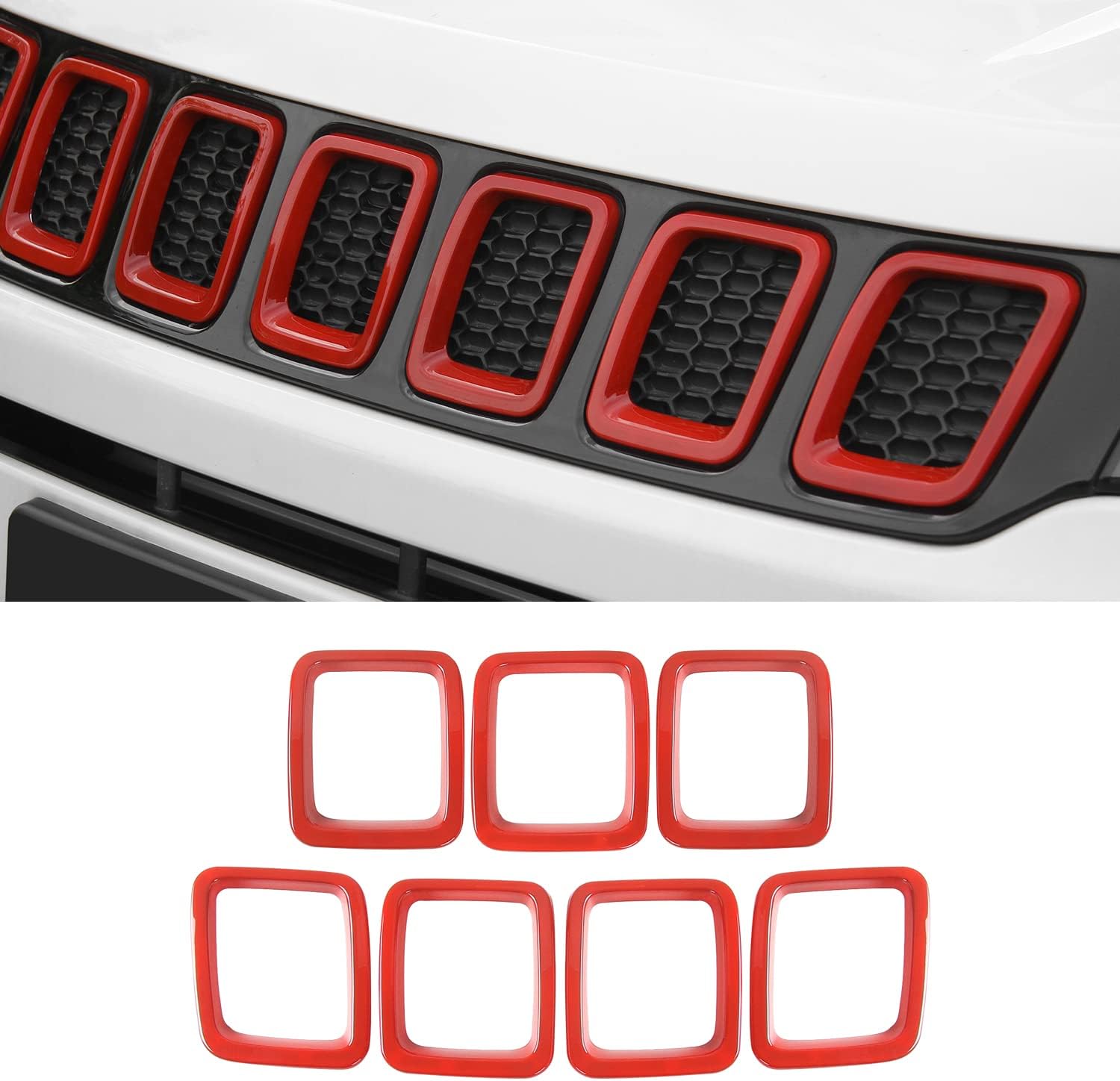 CheroCar Grille Inserts ABS Front Grill Cover Guard Exterior Accessories for Jeep Compass 2017-2020, Red