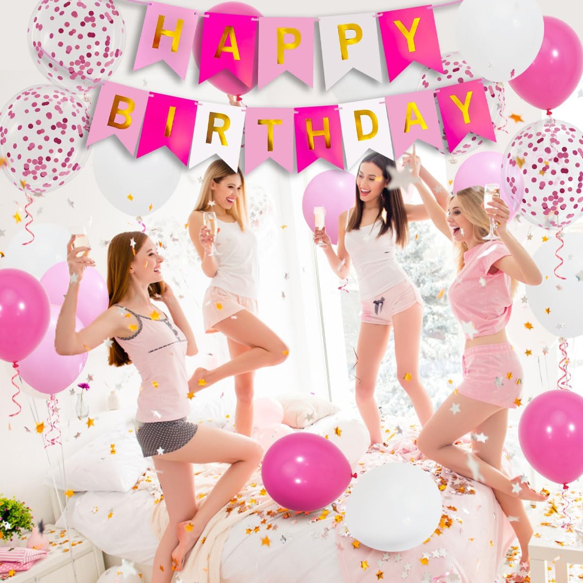 Pink Birthday Decorations, Happy Birthday Banner, 16 pcs 12 inch Balloons with 2 Ribbons for Girl and Women Party Decoration - Image 4