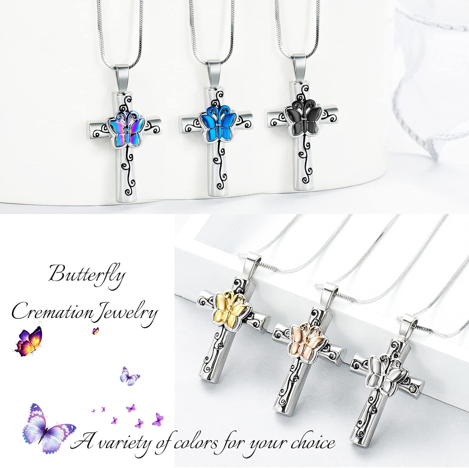 Minicremation Cremation Jewelry Cross Butterfly Urn Ashes Necklace for Women Men Loved One Memorial Ash Pendant for Human/Pet Funeral Keepsake Memorial Necklace - Image 6