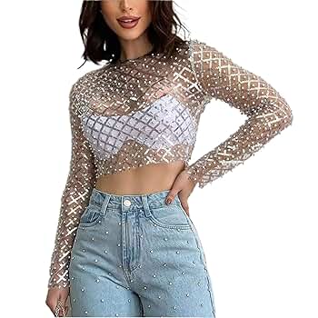 Honganda Women's Mesh Pearl Crop Top Sexy Long Sleeve