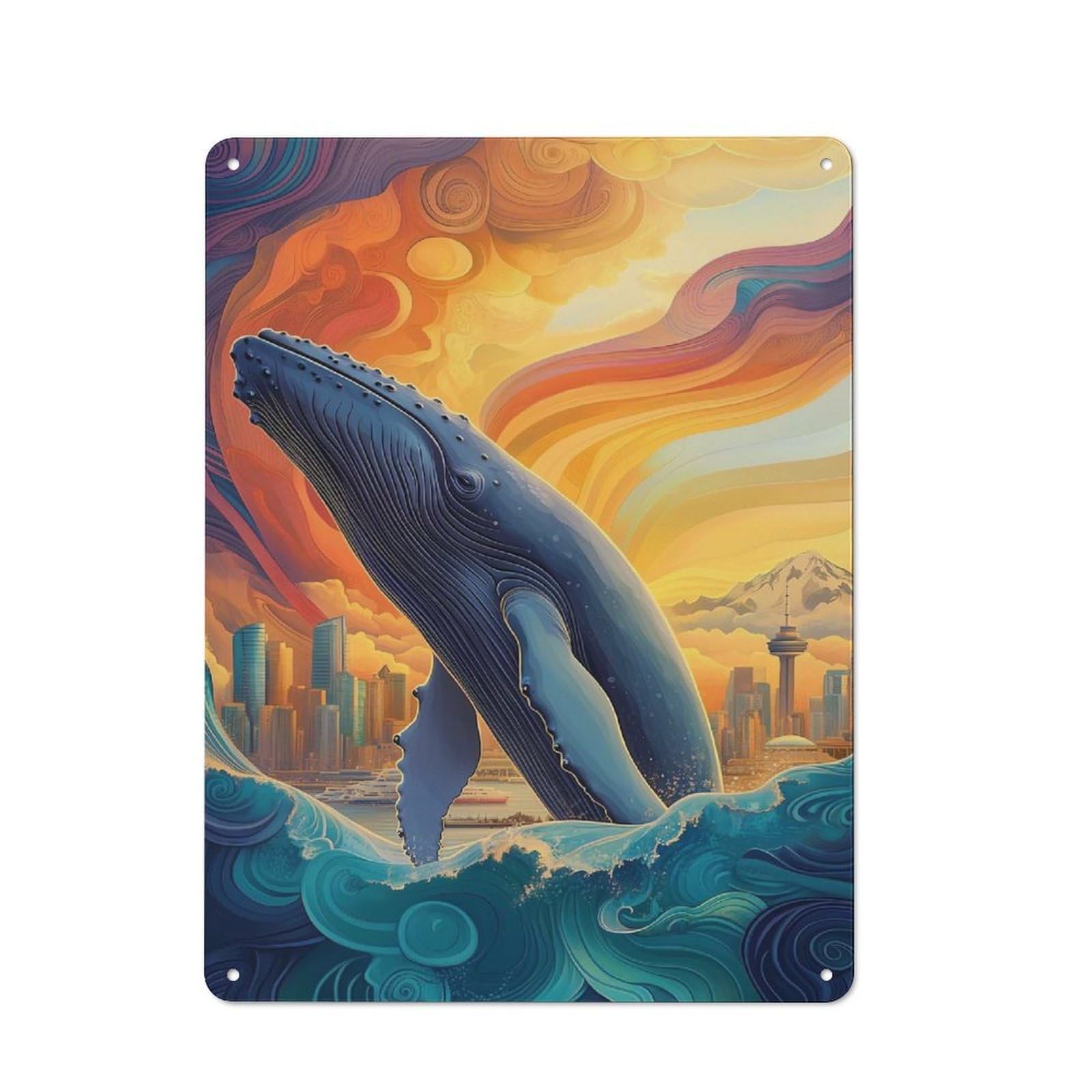 Junmoney Whale Leaping Cityscape Metal Wall Sign 40X30cm Featuring For Bar Or Restaurant, For Bar Decor Enthusiasts