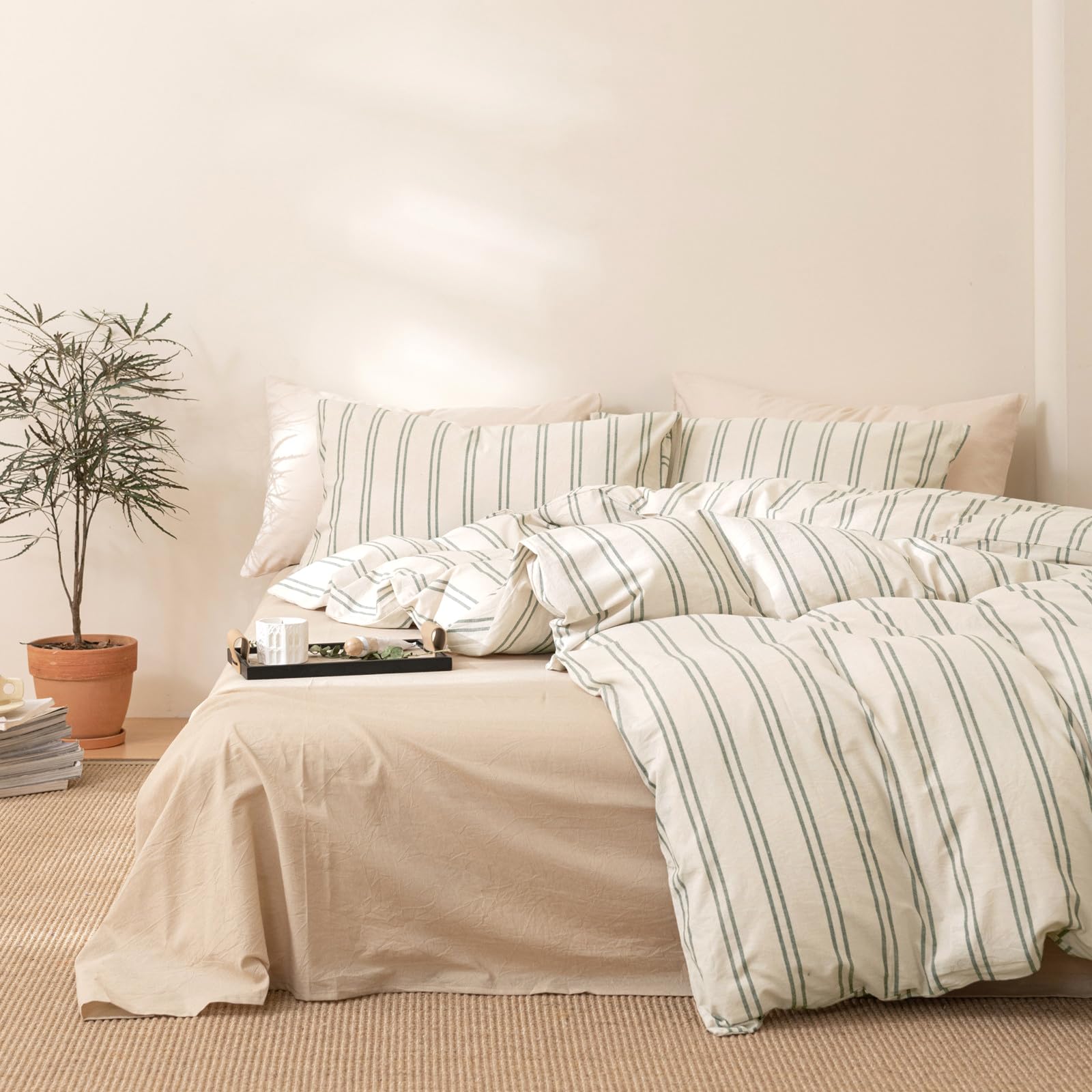 Striped Duvet Cover Set Washed Cotton,Queen(90"x90"),Greyish-green/Beige