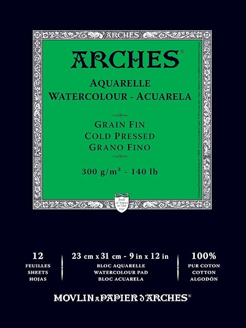 ARCHES 23 x 31 cm 300 GSM Cold Pressed Short Side Glued Pad Watercolour Paper - Natural White (Pack of 12 Sheets)