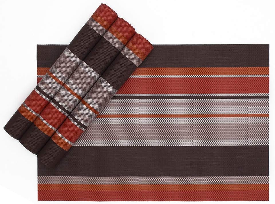 Karateemy Placemat PVC Heat Insulation Stain-resistant Washable Striped Table mats for Dining Room Set of 4 Orange